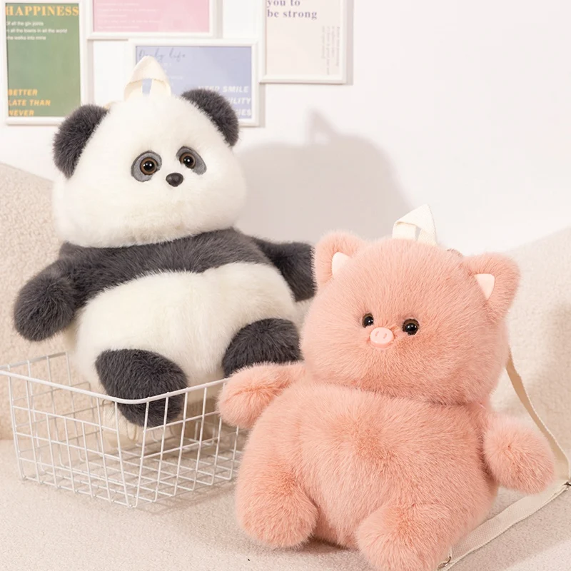 35cm Cartoon Animal Backpack Fluffy Panda Bear Pink Pig Fluffy Plush Bag Shipping Wallet Friend Gift