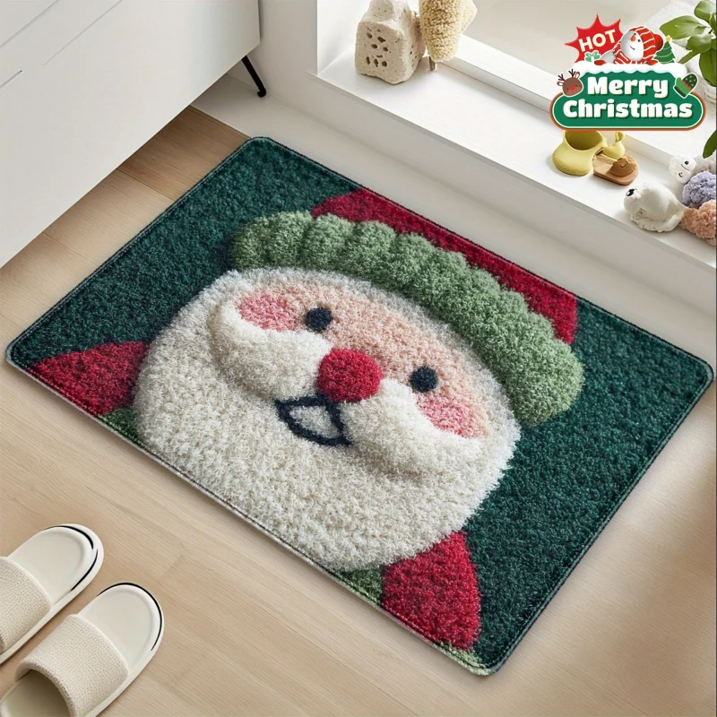 VIKAMA Cute Tufted Santa Claus Doormat Green Merry Christmas Snowy Welcome Mat Entryway Rug Front Porch Xmas Home Decor