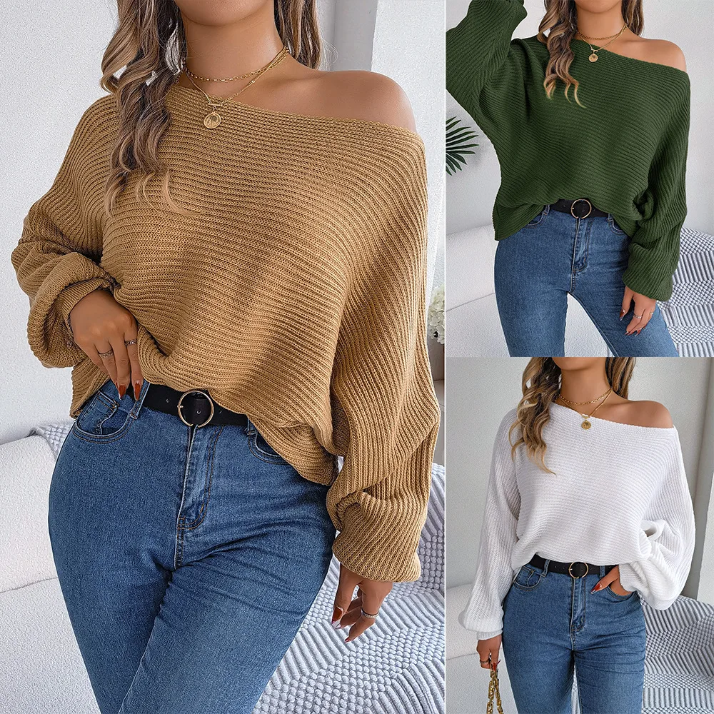 2024 women\'s sweater real shot autumn and winter casual loose one shoulder long sleeved solid color bat sleeve pullover sweater