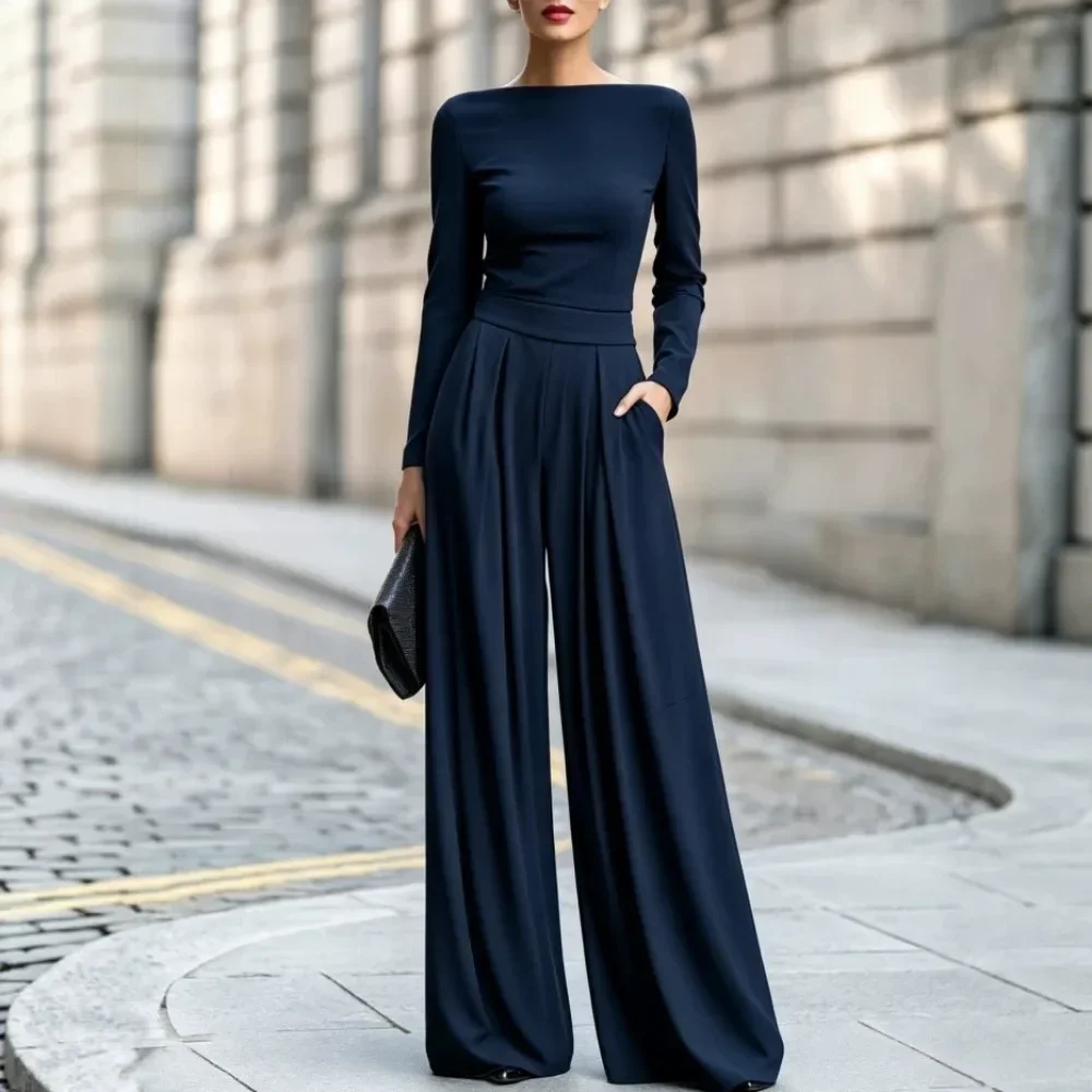 Women Solid Turtleneck Long Sleeve Wide Leg Jumpsuit Casual Loose Fit Romper Soft Breathable Flattering Comfy Daily New