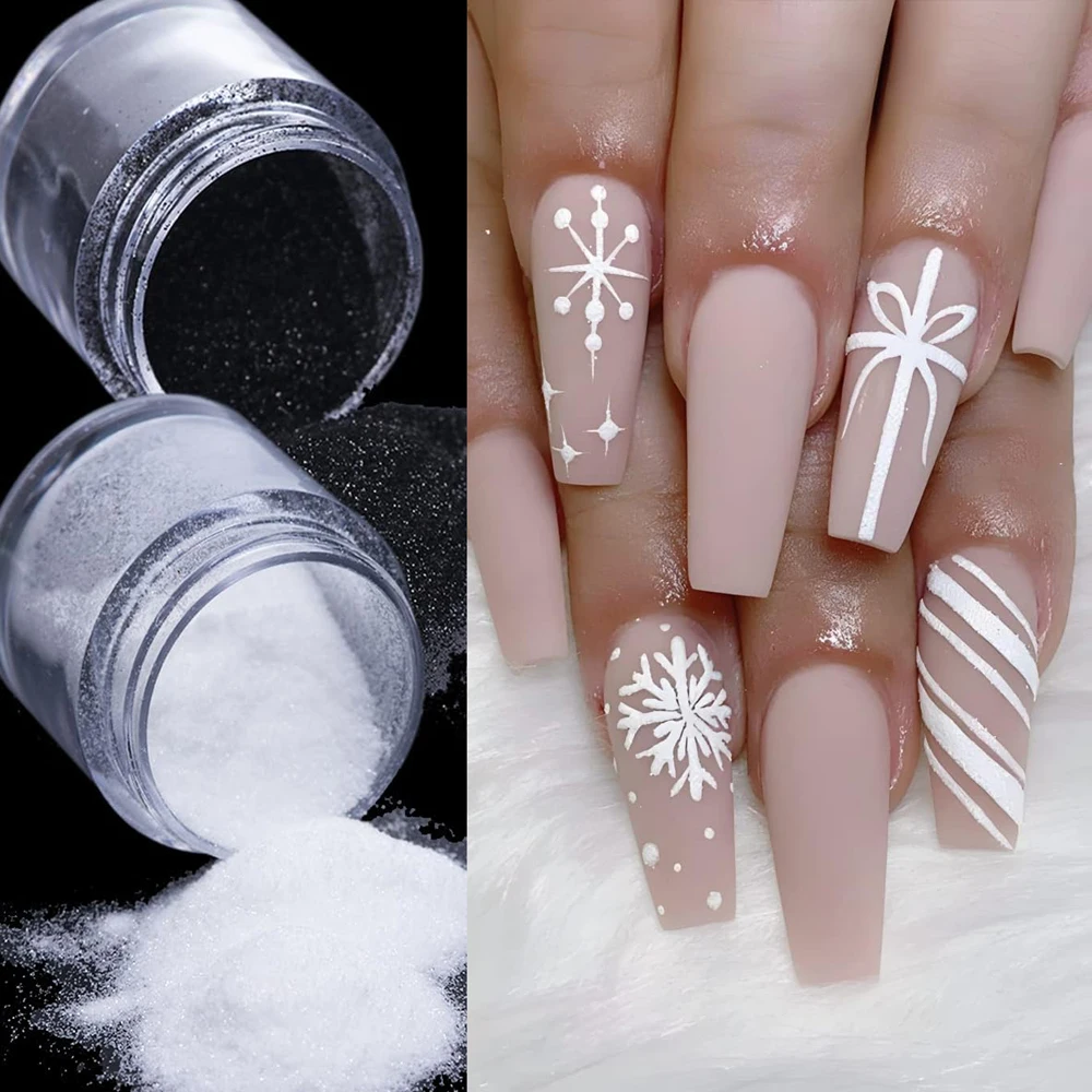 10g/Fles Wit Zwart Nail Glitter Poeder Snoep Jas Effect Kerst Sneeuwvlokken Pigment Stof Winter Xmas Nail Art decoraties