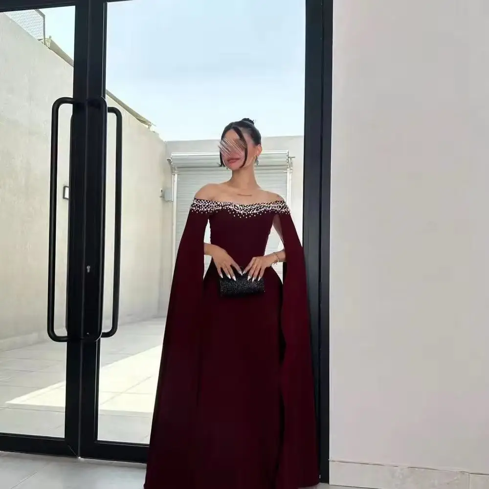 

Customized Burgundy Beaded Strapless Shawl robes de soirée Chiffon A-line Party Dresses Floor-Length Sleeveless Prom Dress