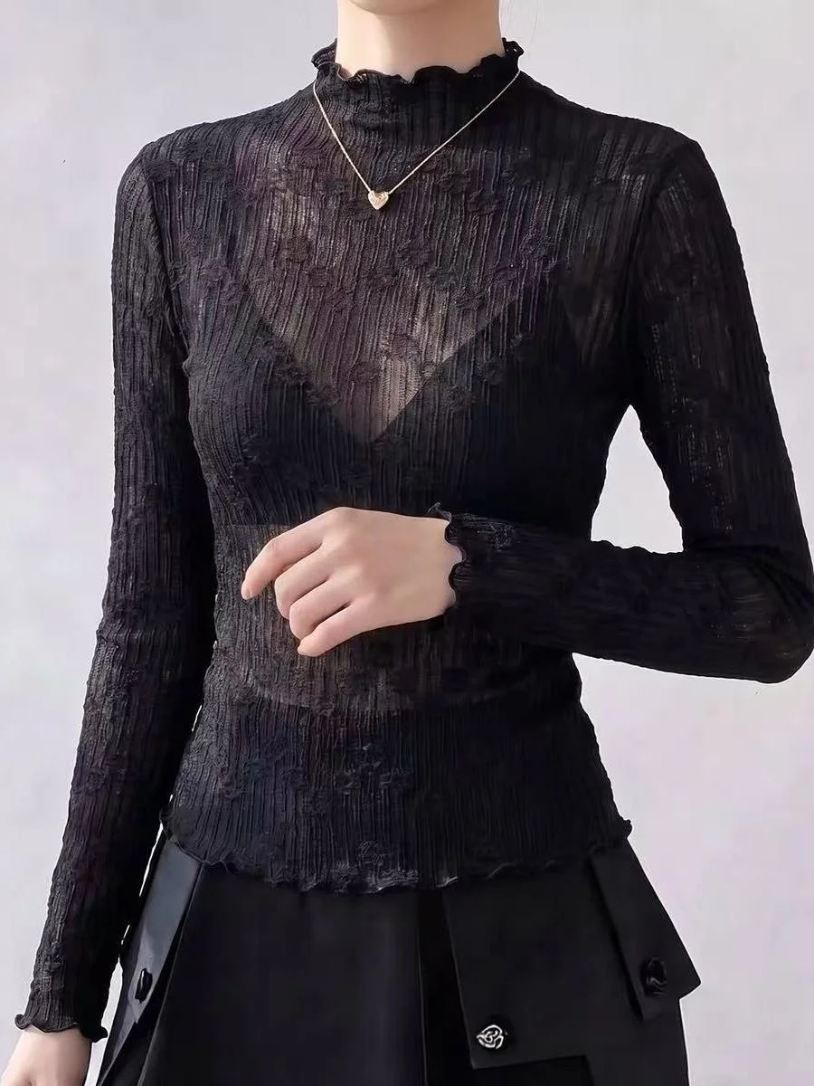 Pink Long Sleeve Lace Base Shirt Women's Autumn Winter Layering Beautiful Wood Grain  Slim Mesh Top Skin-friendly Breathable