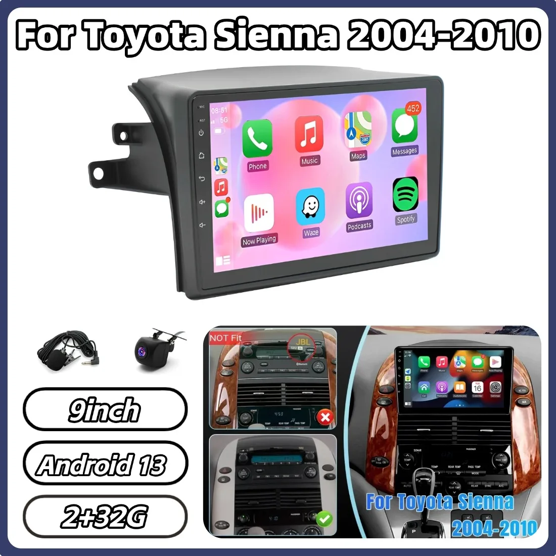 

Автомагнитола 2+32G 9 дюймов Android 13 с GPS-навигацией для Toyota Sienna 2004-2010, поддержка Carplay, Android Auto, Bluetooth