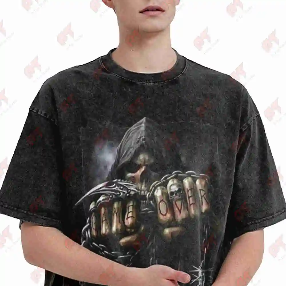 Gothic Reaper Game Over Heavy Metal Grim Vintage Washed Tee Pure Cotton T-Shirt