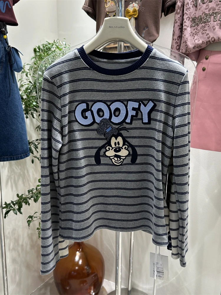 

Elegant Stripes Long Sleeve T-shirt 2025 New Spring Autumn Cartoon Embroidery Round Neck Pullover Top Slimming Cotton Basic Tees