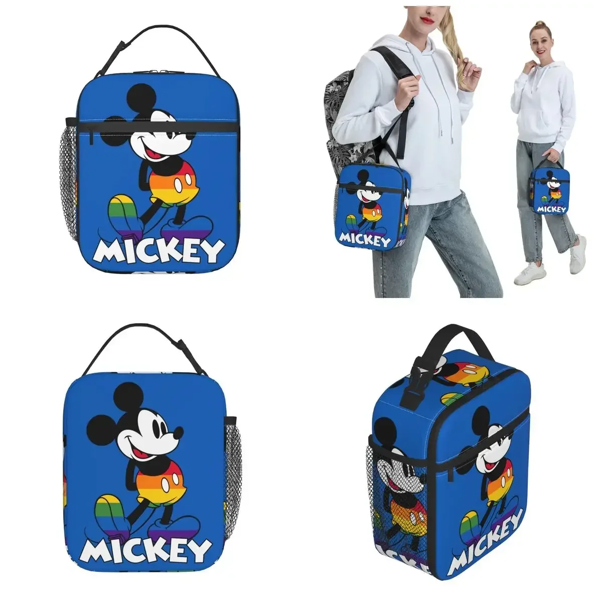 

Classic Mickey Rainbow Stripes Insulated Lunch Bag Thermal Bag Reusable Portable Tote Lunch Box Food Handbags College Outdoor