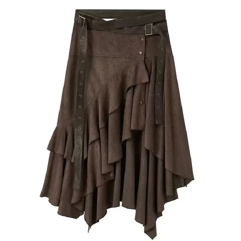 Damska Brązowa Spódnica Midi Długa Y2K Harajuku High Street Moda Uliczna Vintage Retro Elegancka Spódnica Odzież Damska 2025