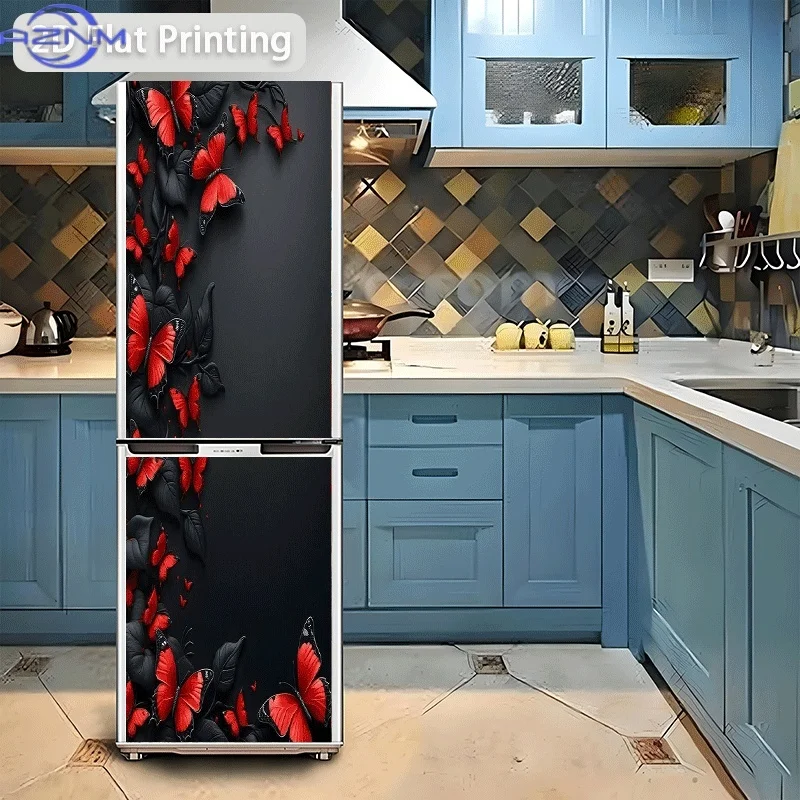 Refrigerator Sticker Red Butterfly with Black Leaves Decorative Pattern on Black Background Themed Scene Wall Decal view 4