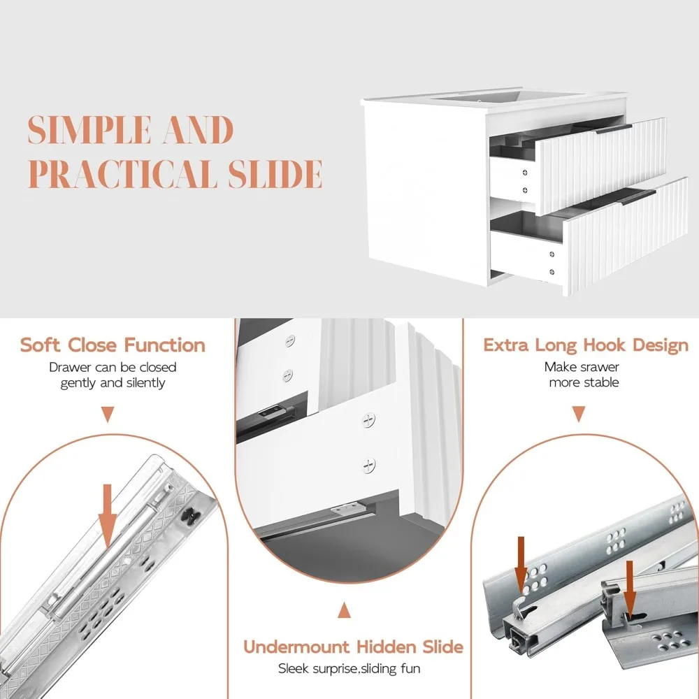 Meja Rias Kamar Mandi 24 "dengan Wastafel, Kabinet Wastafel Kamar Mandi Meja Rias Mengambang, Fungsi Soft-Close 2 Laci Besar