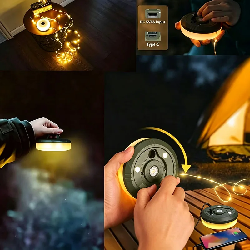 Retractable Camping String Lights 10m Type-C Rechargeable 2600mAh Portable Waterproof Tent Light for RV Garden Patio