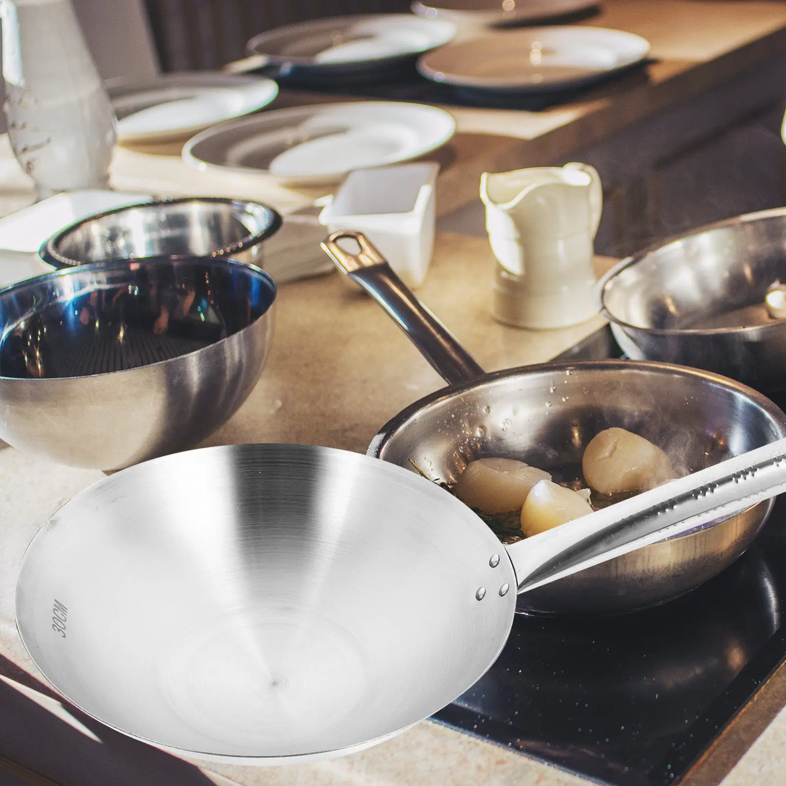 

Усиленная сковорода-вок из нержавеющей стали для домашней кухни, для газовых плит и индукционных плит, износостойкая посуда