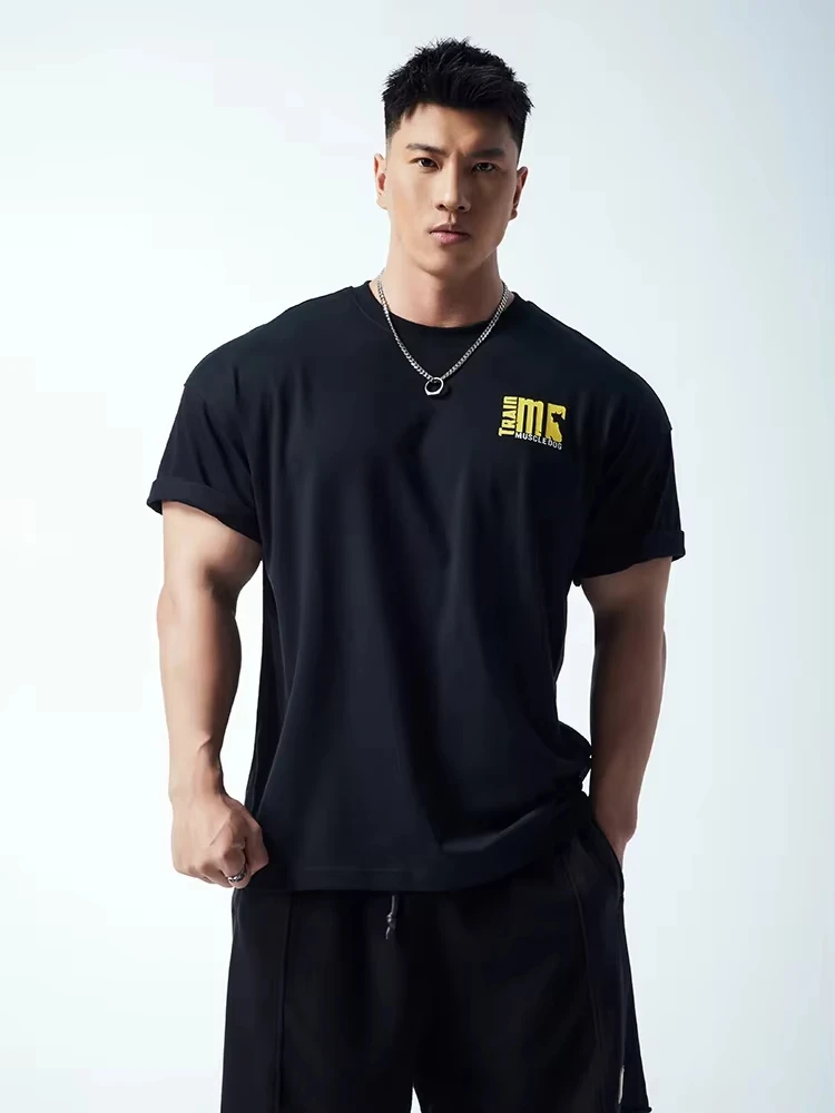 Muscle Dog Fitness Short Sleeve Men\'s Trend Summer American Print Loose Training Wear Athleisure Short Sleeve T-Shirt Harajuku
