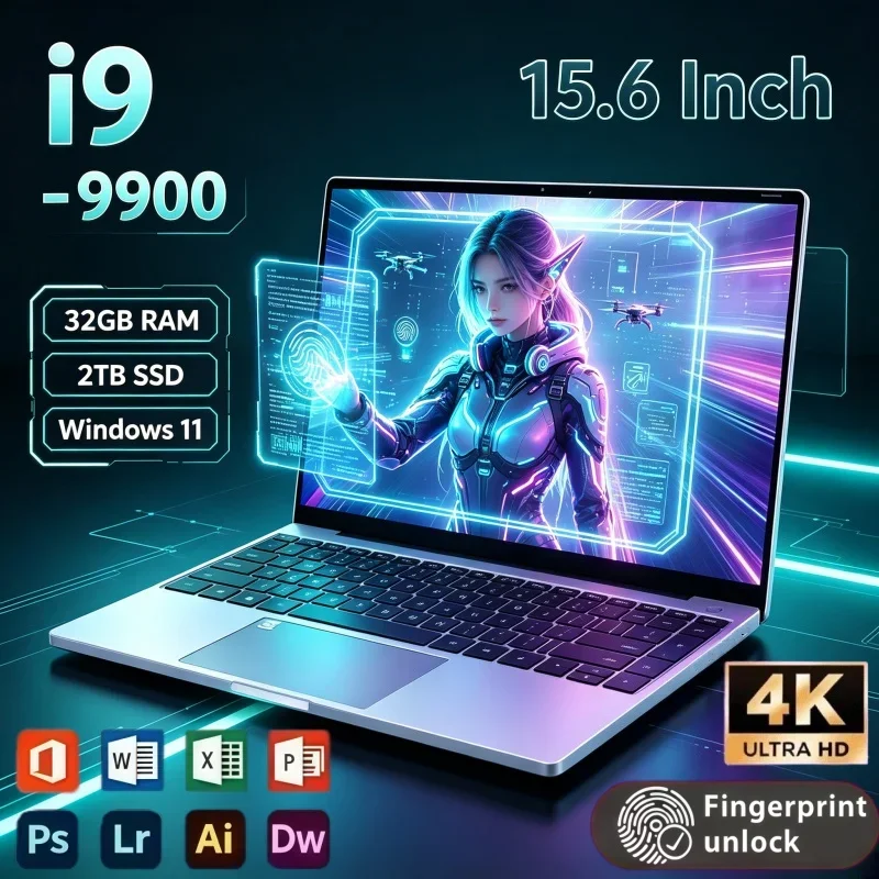 15.6 Inch Ultra Slim Gaming & Office Laptop Intel Core I9 9900 32GB RAM 2TB SSD Windows 11 Fingerprint Unlock Portable PC