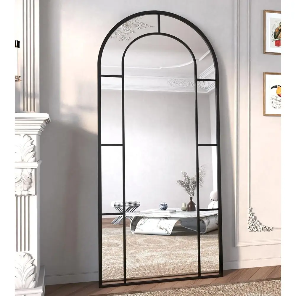 

56x22 Arched Full-Length Floor Mirror, Oversized Standing Wall Mirror, Large Windowpane Style, Black Hanging or Leaning