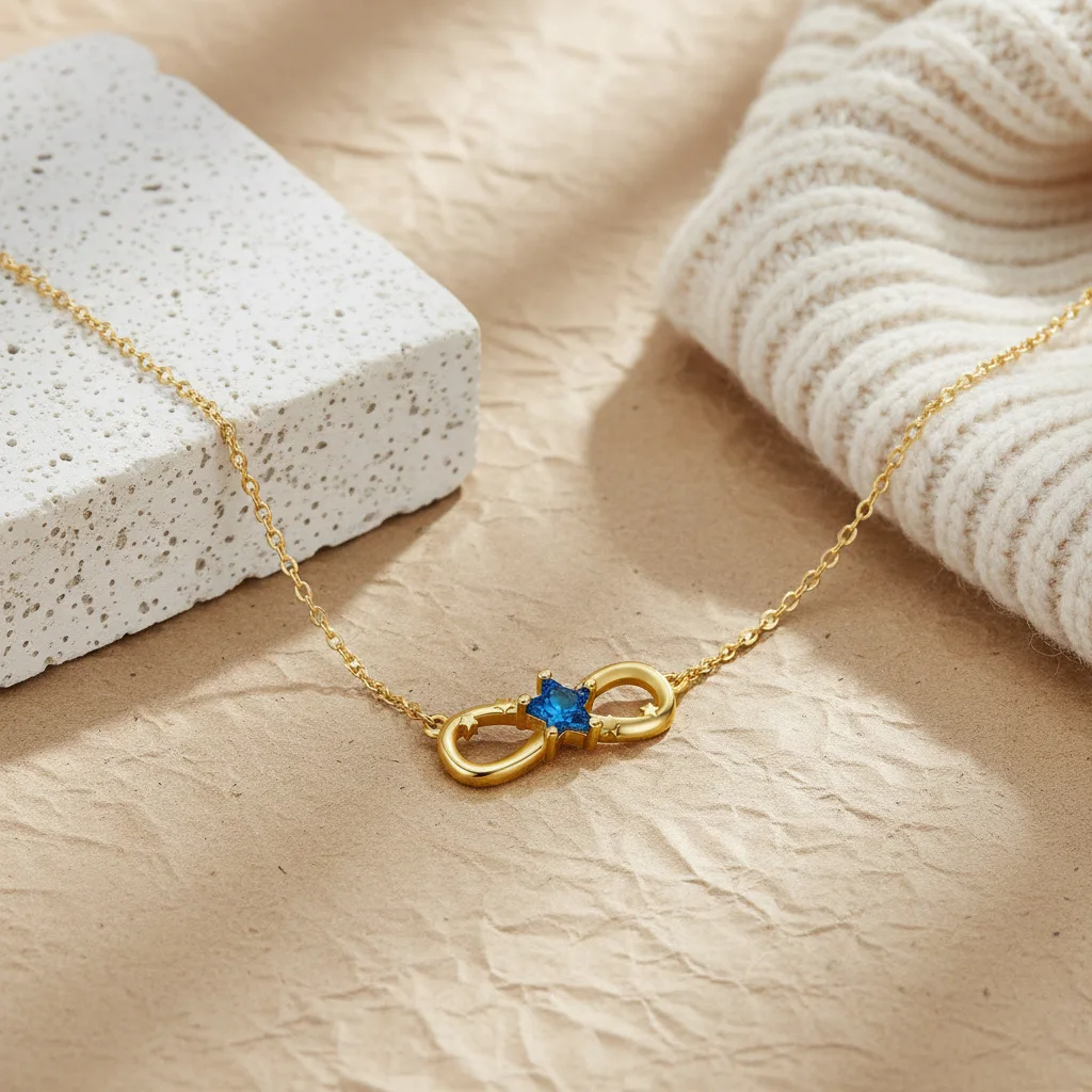 Gold Tone Star Cut Blue CZ Infinity Necklace Dainty Clavicle Chain Daily Fashion Jewelry Gift for Women Girls