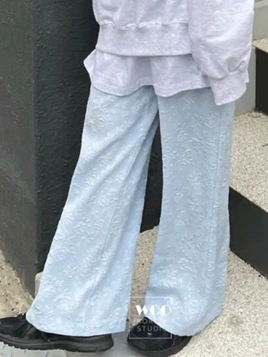 세련된 여름 질감 패브릭 장미 꽃 넓은 다리 바지 긴 바지 솔리드 컬러 다목적 소녀 탄성 허리 캐주얼 바지