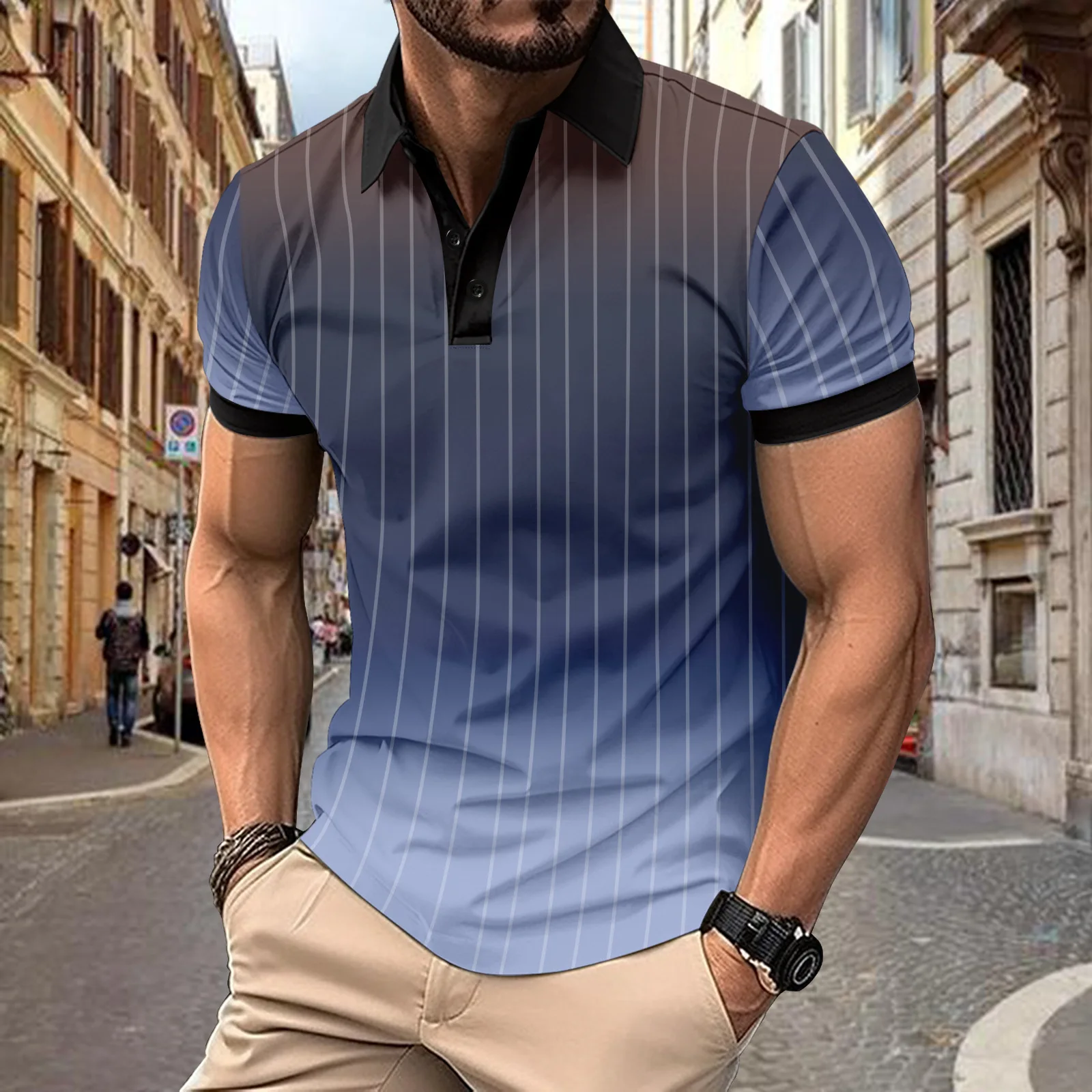 Summer 2024 casual POLO print striped lapel T-shirt for men