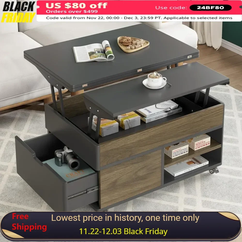 Lift Top Coffee Table with Hidden Storage Compartment,3-in-1 Center Tables with Wheels, Multi-Functional Folding Dining Table