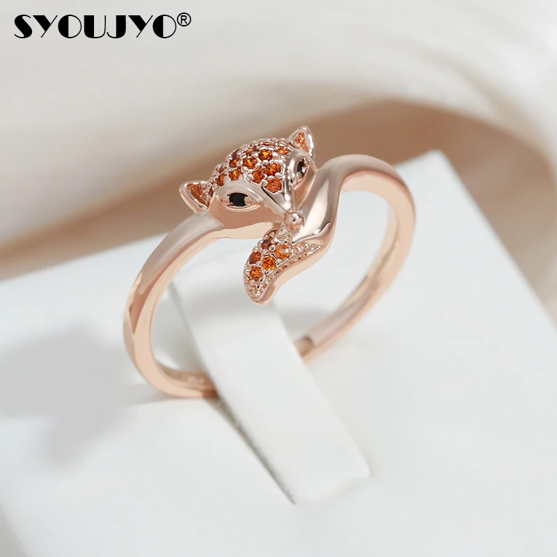 SYOUJYO Cute Red Fox Rings For Women Natural Zircon Paved 585 Rose Golden Animal Luxury Jewelry