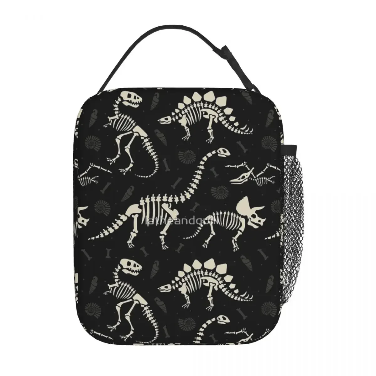 Dinosaur Fossils In Black Insulated Lunch Bag Trendy Durable Daily Customizable