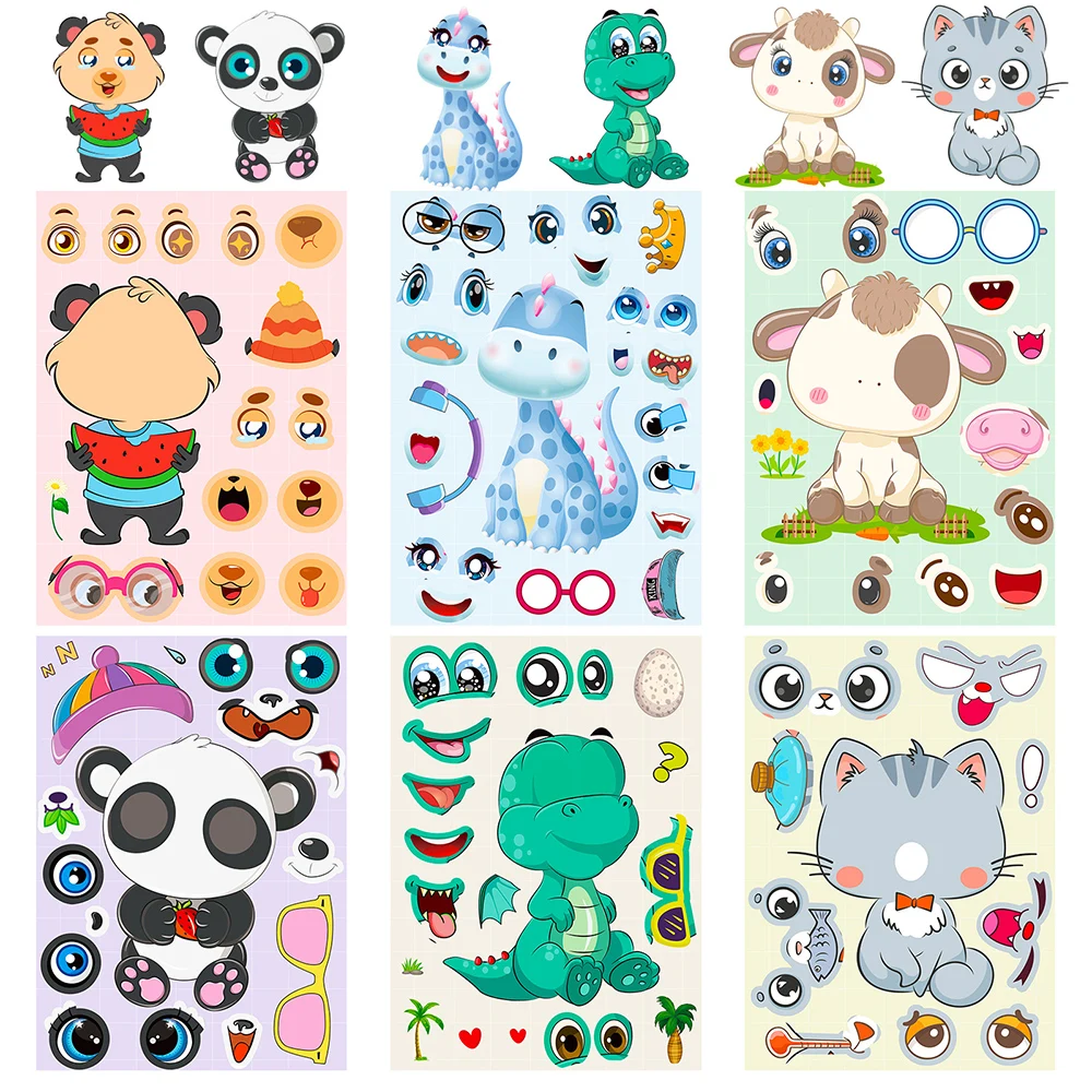 6/12Sheets Cute Cartoon Animal Make a Face Puzzle Stickers DIY Kids Assemble Jigsaw Children Funny Game Education Toy Party Gift