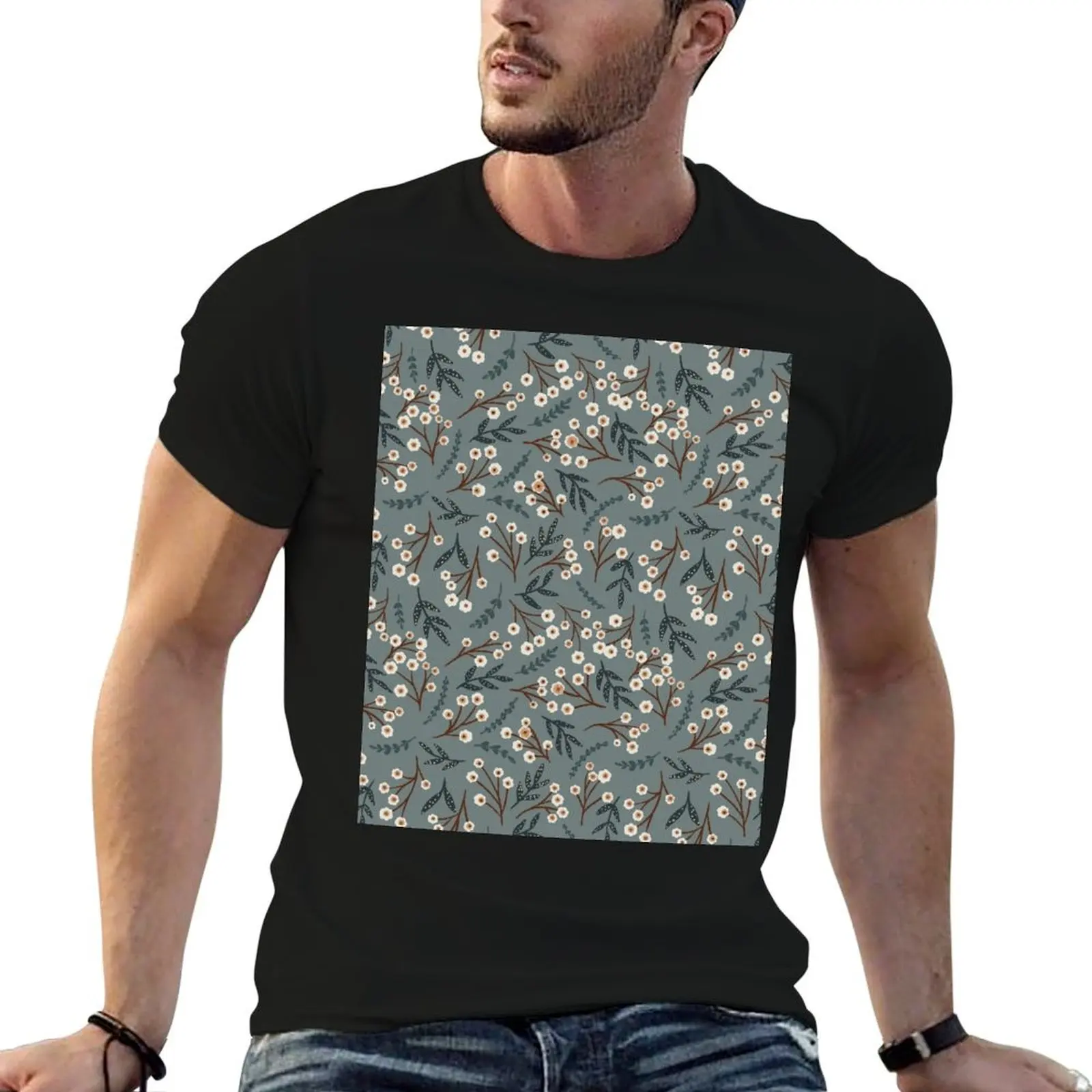 Tossed florals on muted blue background T-Shirt basketball graphic tees cheap stuff men tshirt