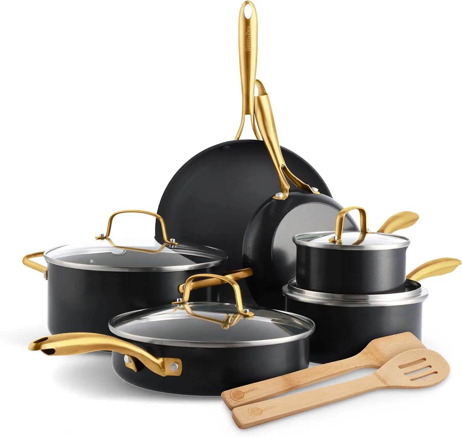 

Greenpan Swift 12 Piece Cookware Pot And Pans Set, Pfas & Pfoa-Free Healthy Ceramic Nonstick, Gold Stainless Steel Handle,