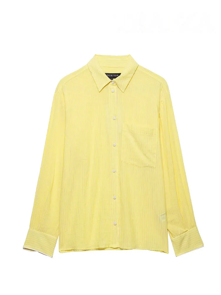 HH الإناث الصيف قمصان غير رسمية الأصفر بدوره إلى أسفل طوق كم طويل جيب تزيين واحدة الصدر المرأة بلوزات الموضة