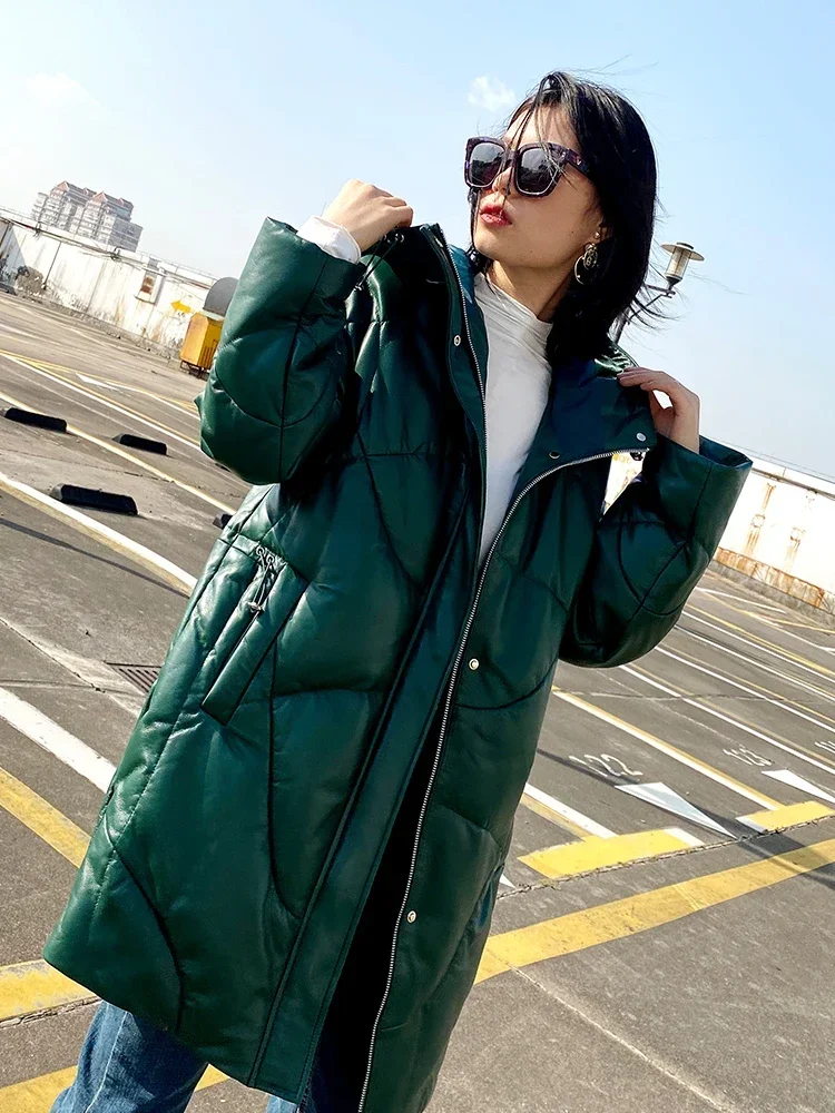 Fashion 90% White Duck Down Women's Down Jackets Hooded Coat Female Real Sheepskin Leather Jacket Women Cuero Genuino Zjt2086