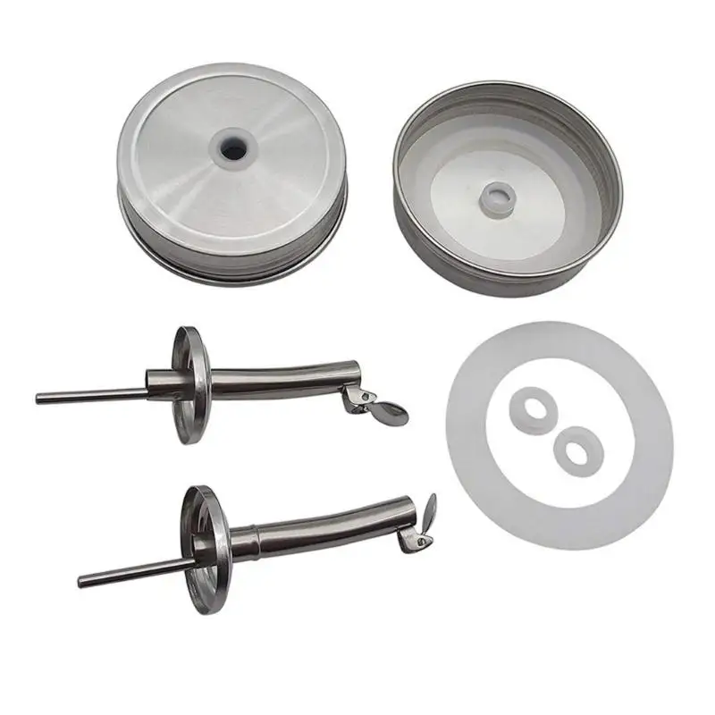E8BD Jar Pourer Lid Set in 304 Rustproof Steel, 2 Threaded Metal Dispenser Top Lid with Narrow Spouts for Kitchen Oils, Vinegar