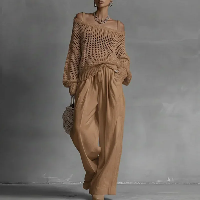Boho Hollow Knit 2Pcs Matching Set Women Off Shoulder Loose Top Oversized Wide Leg Pants Suit Sexy Casual Summer Vacation Outfit
