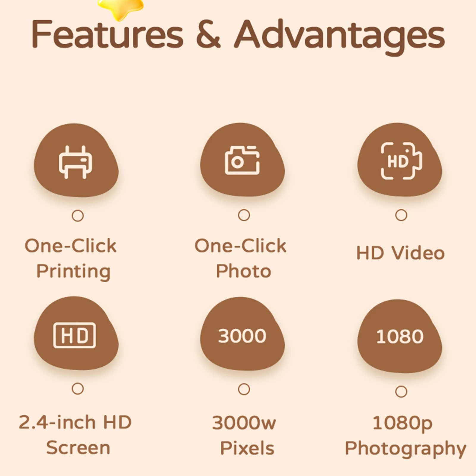 Câmera de impressão instantânea infantil, câmera digital de 30MP com tela HD de 2,4", impressão com um clique, impressora térmica de 200DPI com 2 rolos de papel