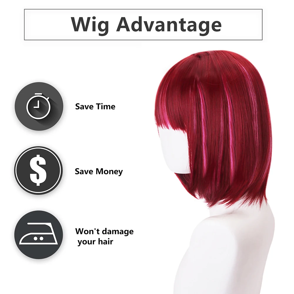 أنيمي عالي الجودة أوشي نوكو كانا أريما تأثيري الشعر الاصطناعية 12 بوصة قصيرة مستقيم الشعر النبيذ الأحمر تسليط الضوء على شعر مستعار بوب اليومي #4