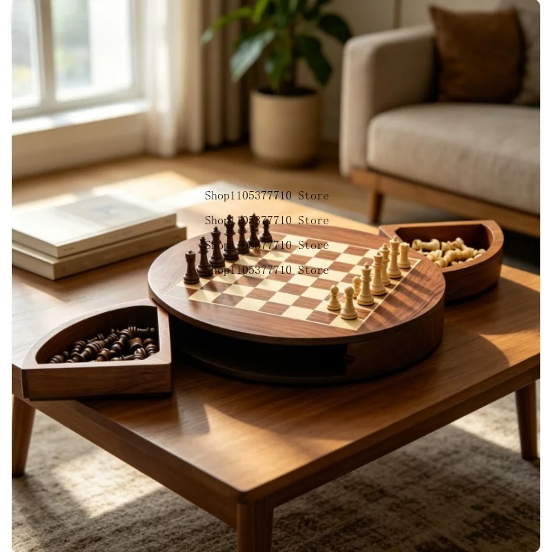 Magnetic Rotating Chess Set, Round Wooden Board with Spinning Drawer Storage, 32 Magnetic Pieces Travel Game