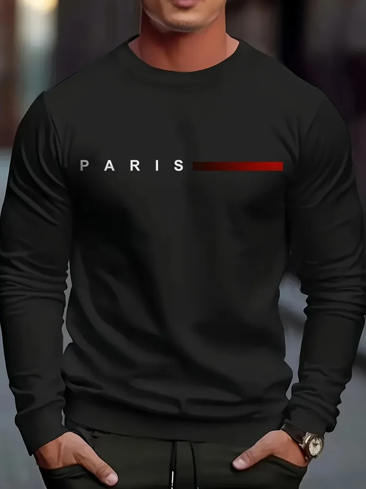 

Осенняя новая мужская простая удобная спортивная повседневная свободная футболка с длинным рукавом большого размера с принтом Парижа и круглым вырезом с длинным рукавом