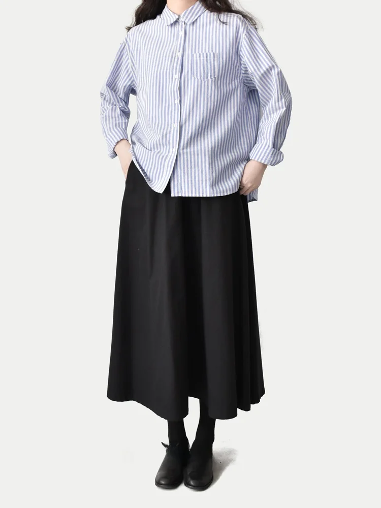 

Синяя полосатая рубашка с длинным рукавом, повседневная, свободного кроя, в винтажном стиле, для весны, осени и зимы, женская модная блузка из чистого хлопка с пуговицами