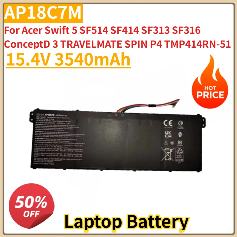 New AP18C7M Laptop Battery 15.4V 3540mAh for Acer Swift 5 SF514 SF414 SF313 SF316 ConceptD 3 TRAVELMATE SPIN P4 TMP414RN-51