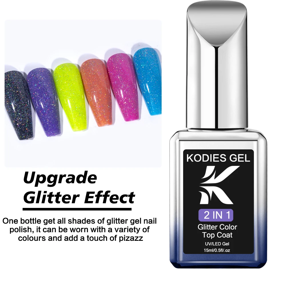KODIES GEL Laser Top Coat Smalto per unghie gel UV 2 IN 1 Glitter Arcobaleno Shine Gel Finitura superiore Sigillante Semi permanente LED Manicure per unghie