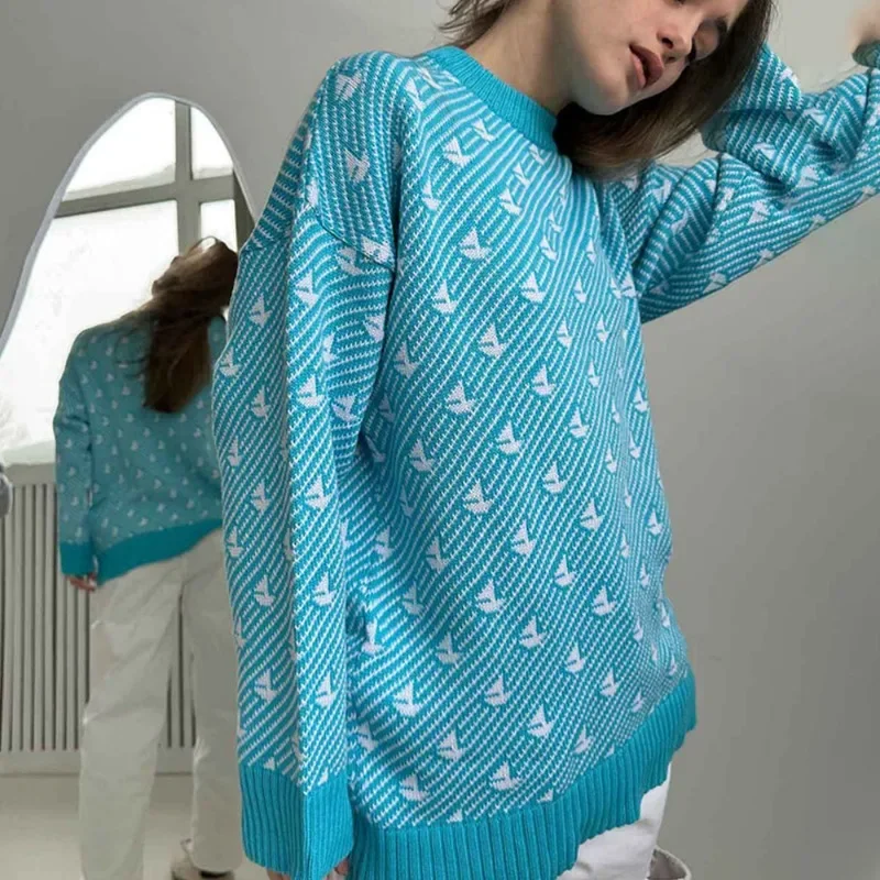 Talenza Knitted Loose Sweater Pullover Women's Fashion Printed Long Sleeve Sweater Casual Slim Round Neck New Pullover Sweater