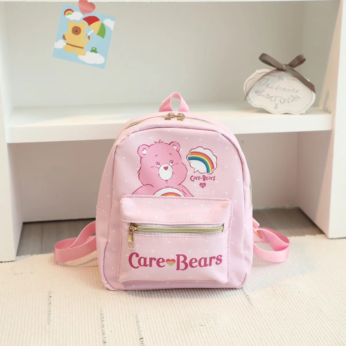 CareBear-Sac à dos en cuir imprimé ours arc-en-ciel pour enfants, dessin animé mignon, étanche, grande capacité, soins décontractés, filles