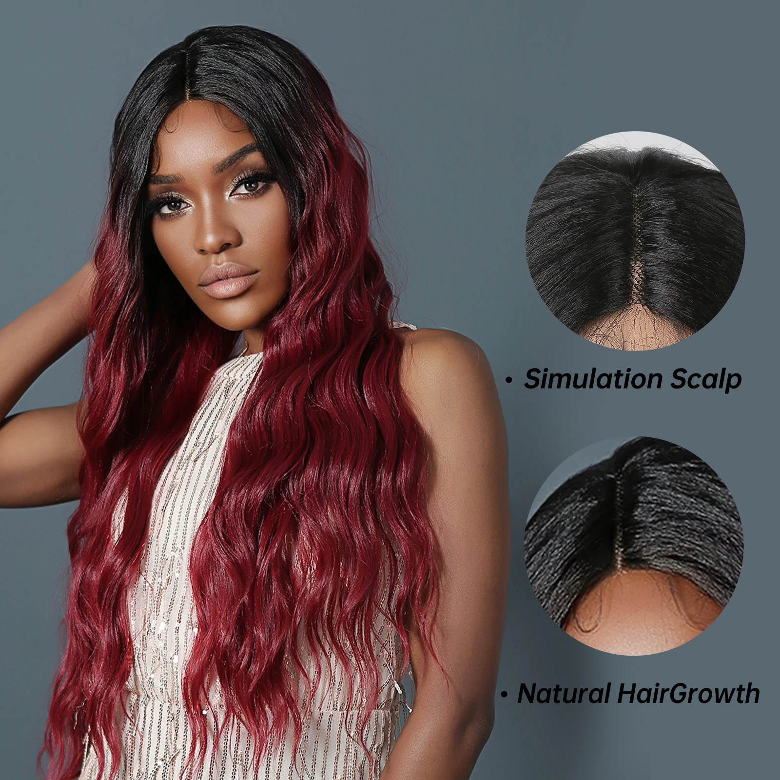 HAIRCUBE Black to Wine Red Ombre Synthetic Wigs for Afro Women Long Natural Wave Lace Front Wigs Cosplay Heat Resistant Hair Wig