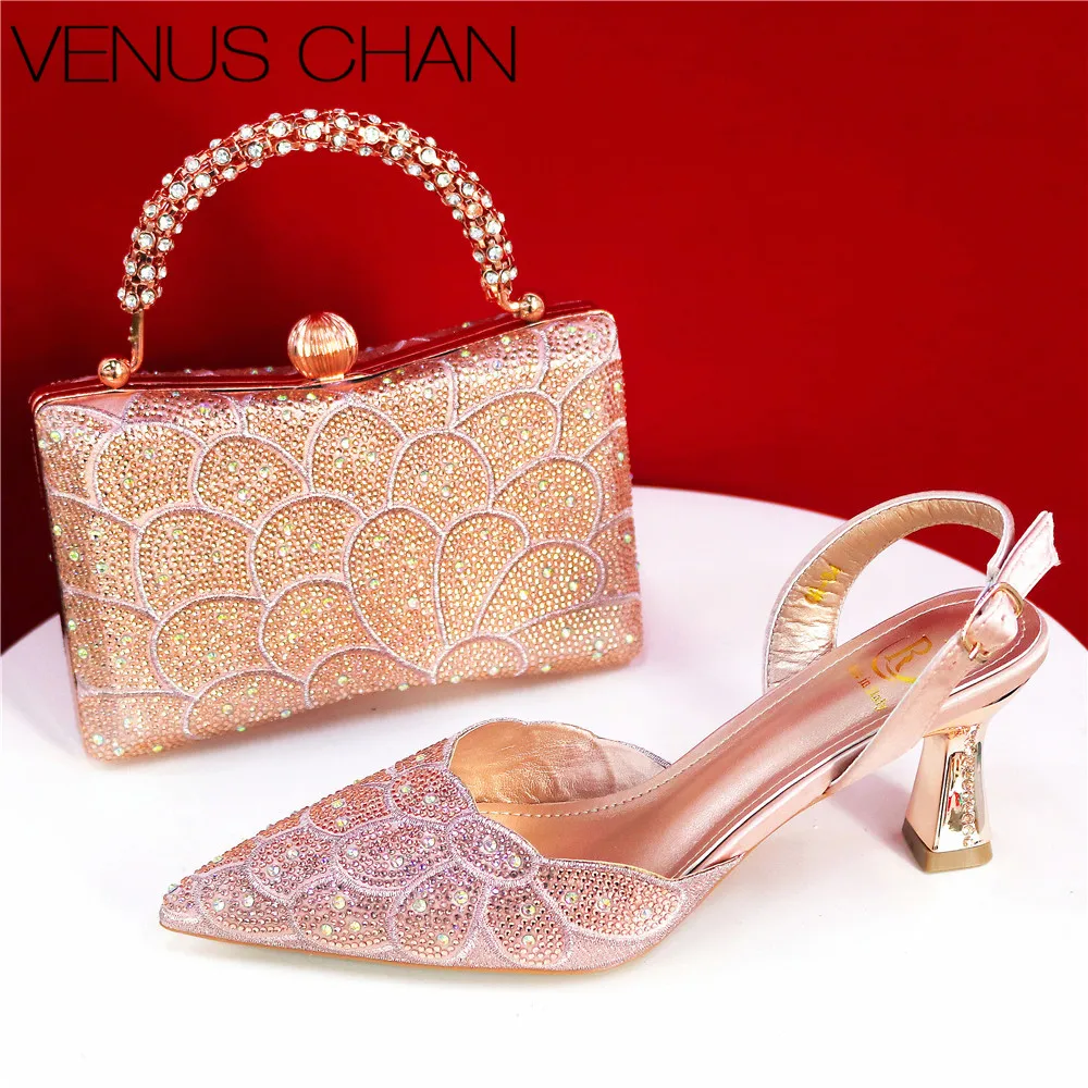 Mature Style 2026 Full of Rhinestone Decoration Party Wedding Lilac Color Pointed Toe Lady Shoes and Bag Set