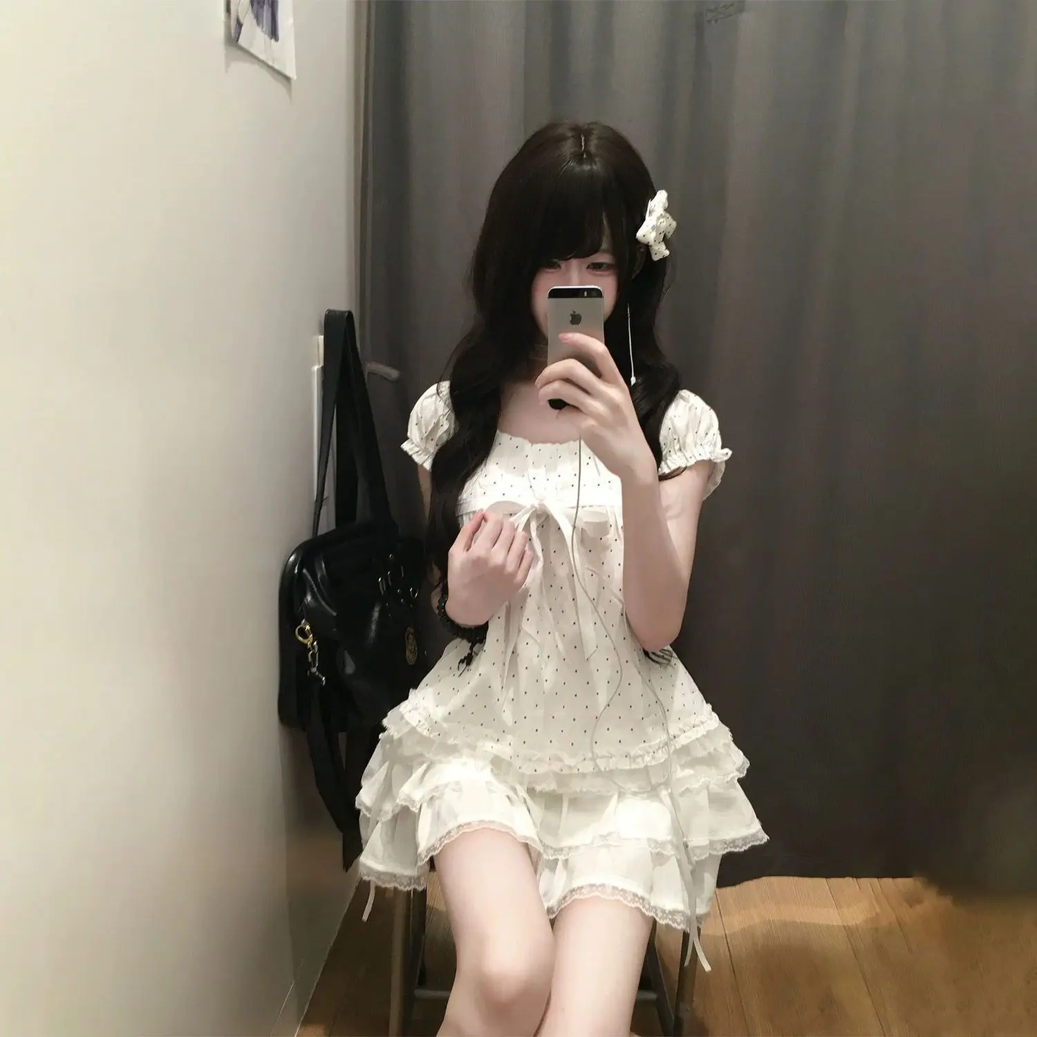 Coquette Sweet Korean Polka Dot Dress Women Puff Sleeves Bow Tie Lace Ruffle Hem Flattering Slim Fit Mini Dress Casual Outfit
