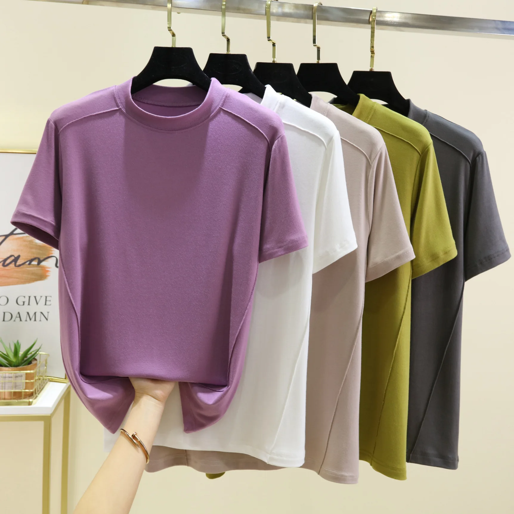 

Однотонная футболка с воротником-стойкой, Женские базовые футболки, тонкие женские футболки с коротким рукавом, топы