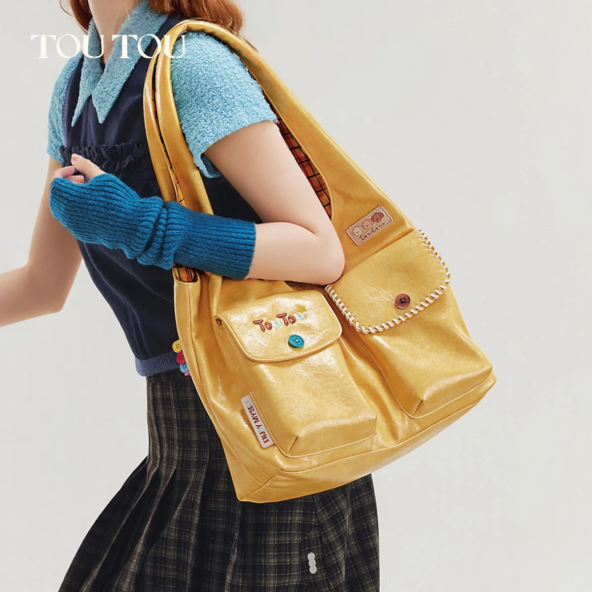 

toutou Rousson Dog Tote Bag, Cute Yellow PU Leather Shoulder Bag with Plaid Lining, Multi-pocket Handbag for Women Daily Commute