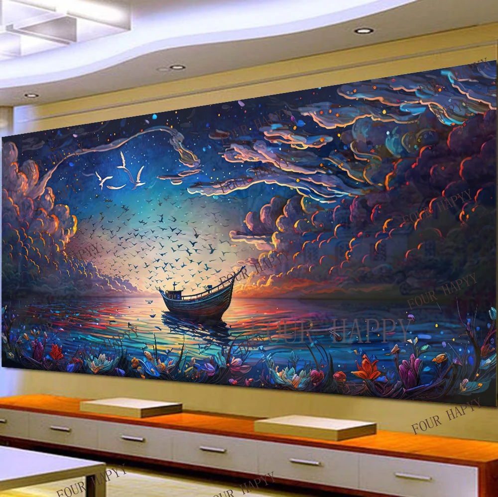 

5D DIY Large Diamond Painting Cross Sunset Sea Boat Stars Flowers Landscape Wall Art, Full Round Drill, Embroidery Home Decor