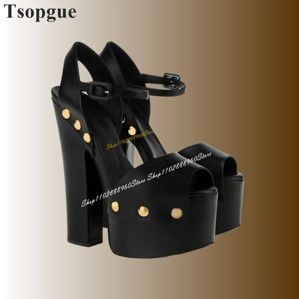 Black Glossy Patent Leather Platform Sandals Chunky High Heel Women Shoes Ankle Buckle Strap Peep Toe 2024 Zapatos Para Mujere