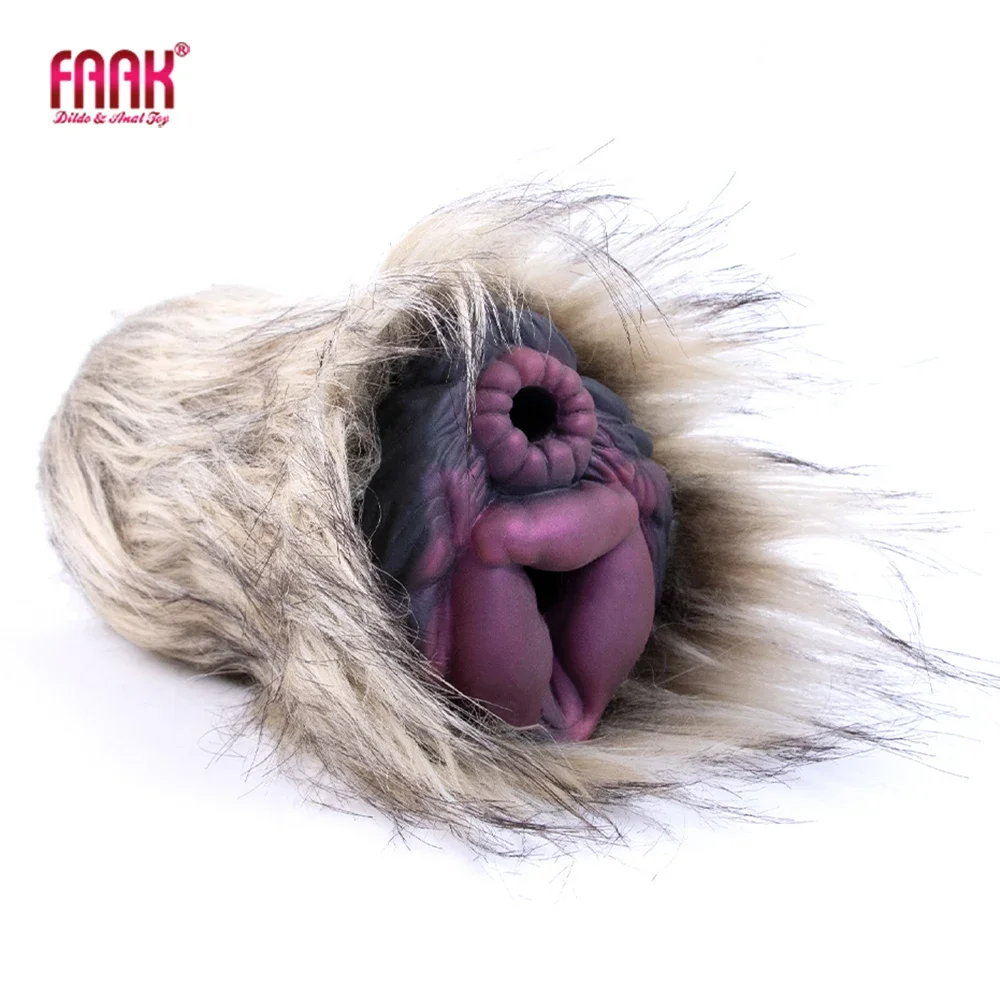 FAAK Silicone Pocket Pussy Stroker With Animal Fur Fantasy Male Masturbator Double Channel Artificial Vagina Sex Toys For Men