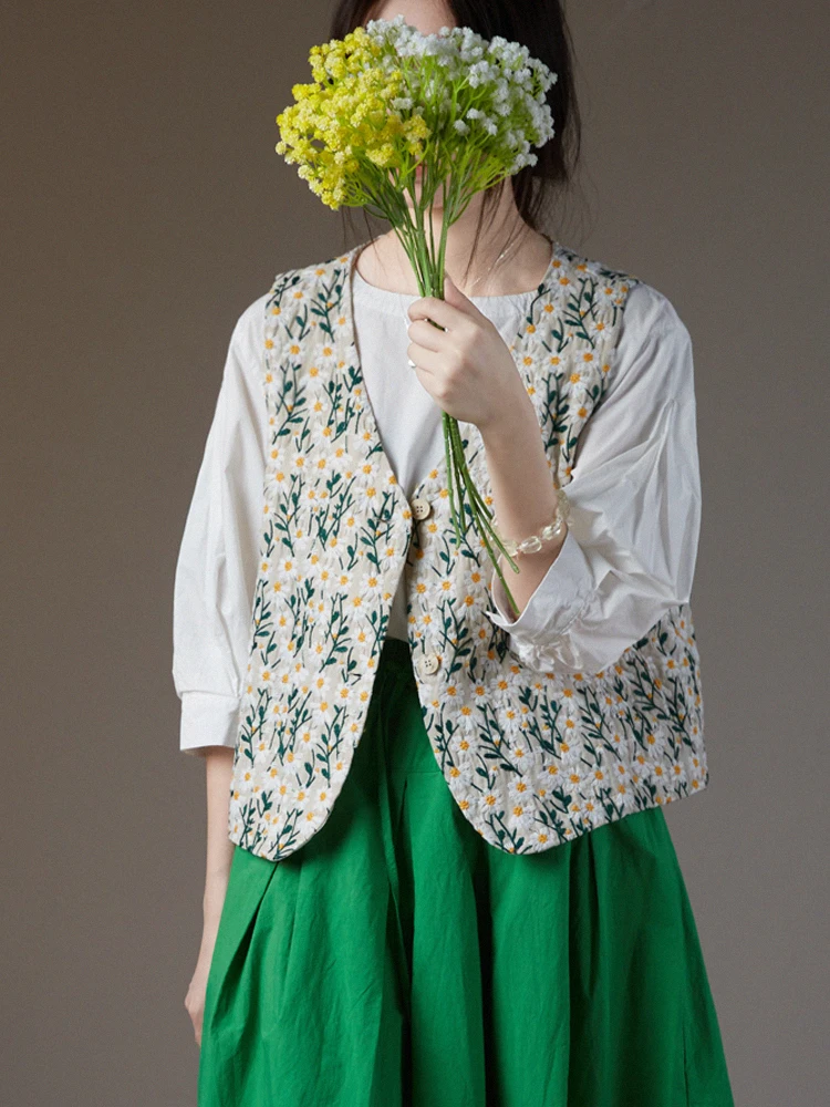 

Retro Embroidered Heavyweight Cotton Linen Vest Floral Print Svel Spring Autumn Women's Jaet Loose Fit round Ne But...